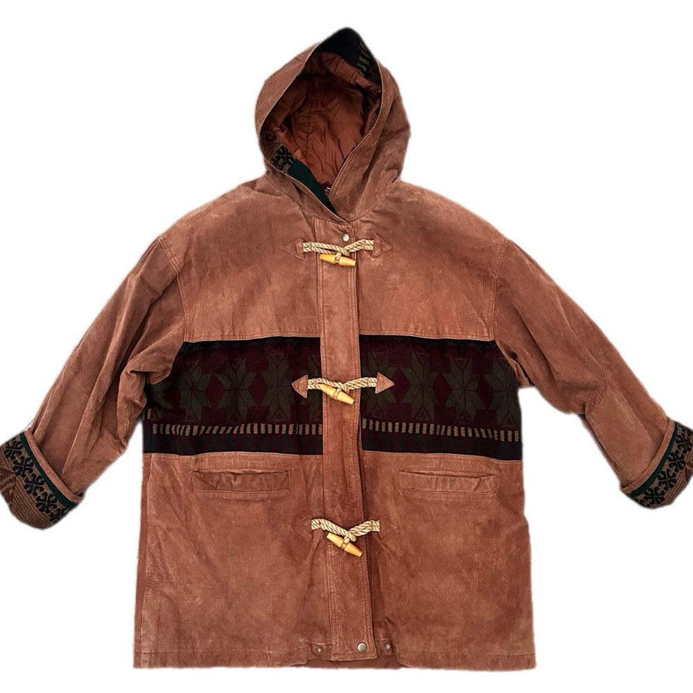 Vintage Diana Marco Genuine Suede Leather/ Southwest Hooded Toggle Jacket, 20